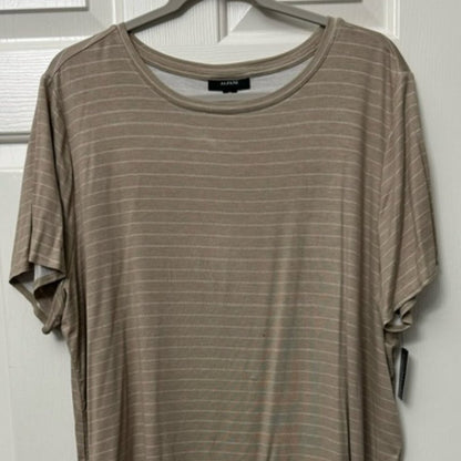 A taupe brown short-sleeve t-shirt with thin horizontal white stripes, hanging on a gray hanger against a white paneled door.
