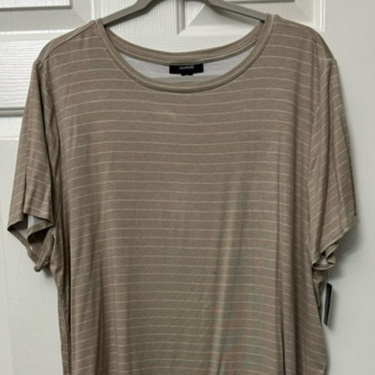 A taupe brown short-sleeve t-shirt with thin horizontal white stripes, hanging on a gray hanger against a white paneled door.