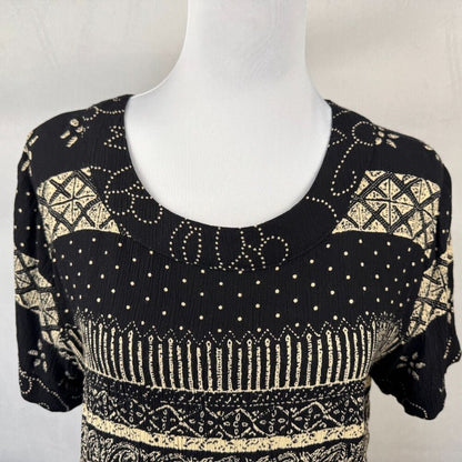Draper’s & Damon’s Women Shirt Sz M Black Tan Round Neck Short Sleeve Rayon