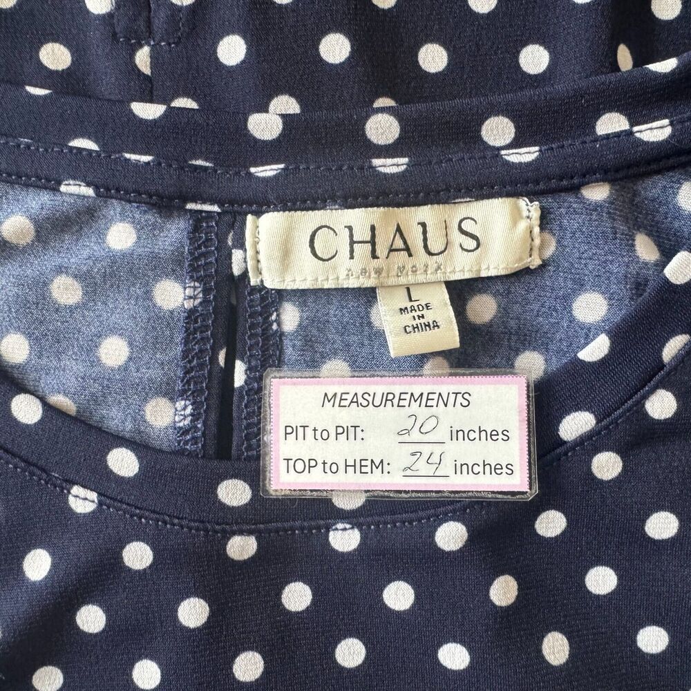 Chaus New York Sz  L Top Navy Polka Dots Scoop Neckline Sleeveless Back Slits