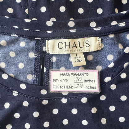 Chaus New York Sz  L Top Navy Polka Dots Scoop Neckline Sleeveless Back Slits