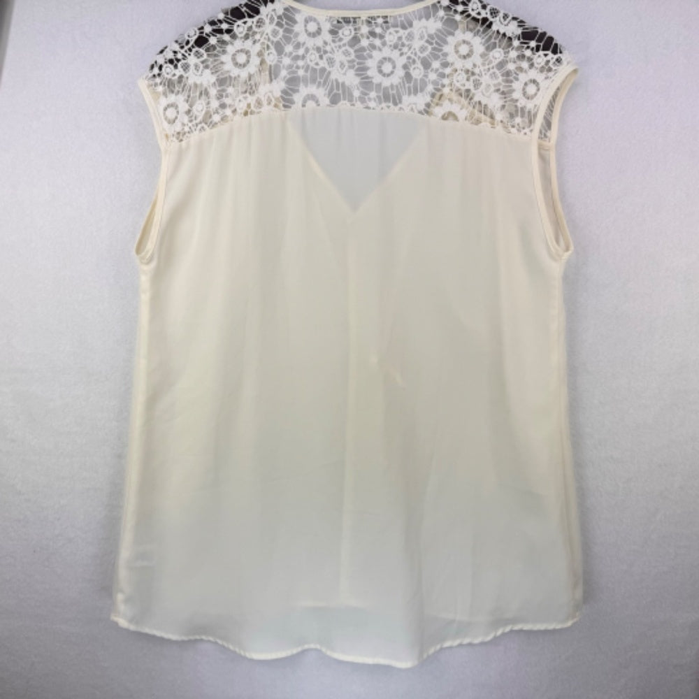 Daniel Rainn Ladies Top Sz M Sheer Cream and crochet lace shoulder neckline