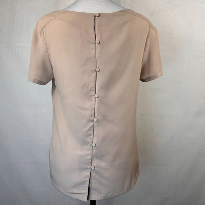 Forever 21 Ladies Blouse Sz S Beige Boat Neck Back Button Blouse Short Sleeve