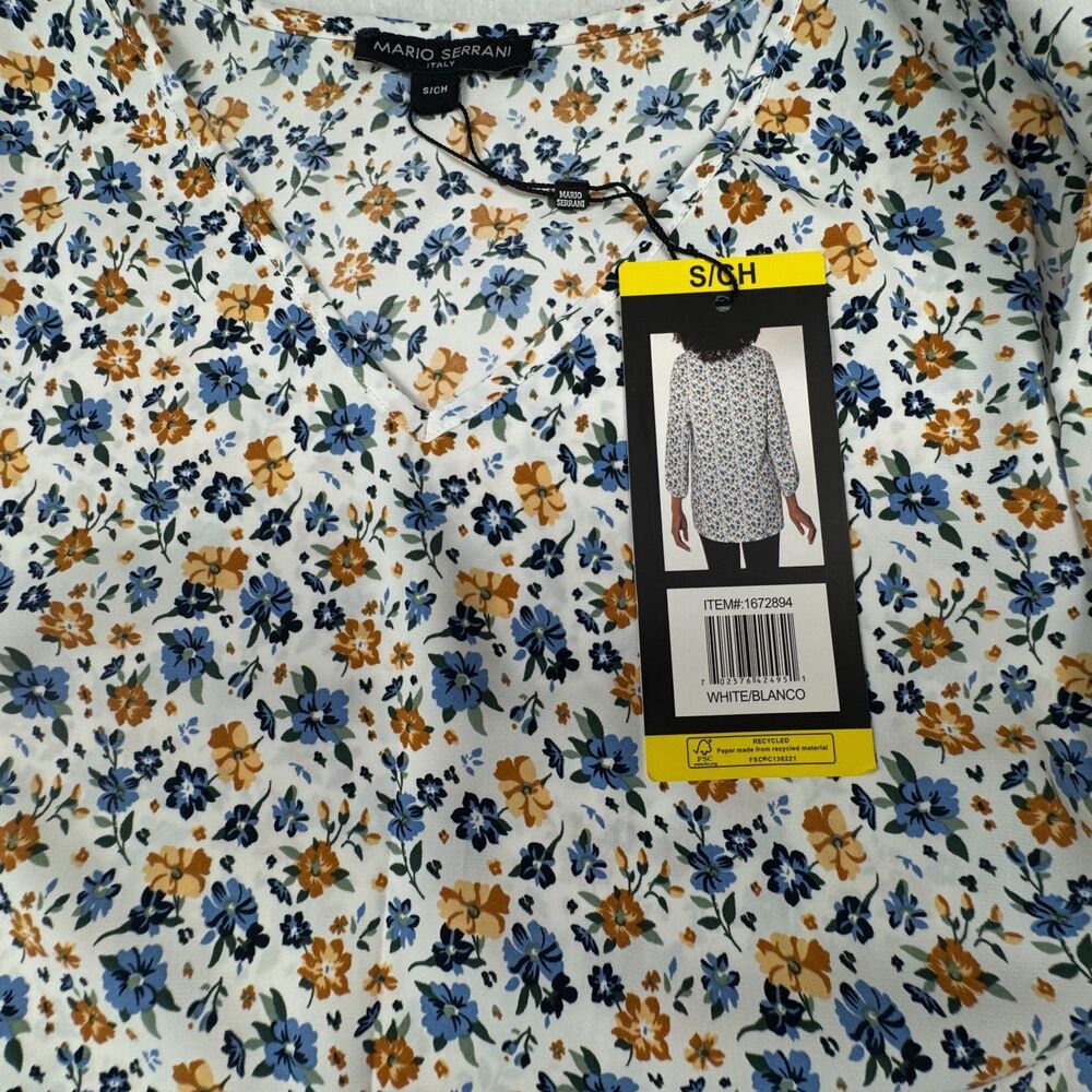 Mario Serrani Women Top Sz S NWT White Floral V-Neck 3/4 Sleeve B2120