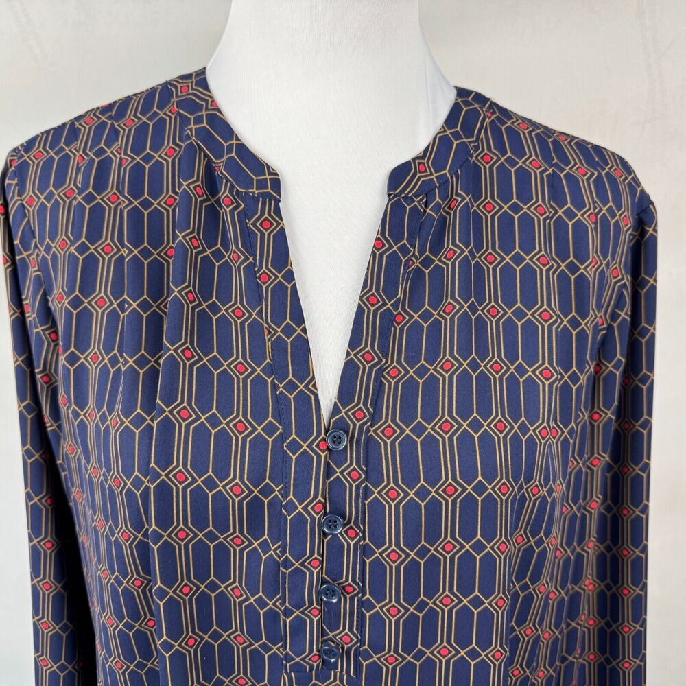 Pleione Women Blouse Sz L Blue Red Split Neckline Button Front Long Sleeves