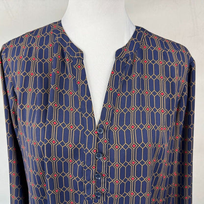 Pleione Women Blouse Sz L Blue Red Split Neckline Button Front Long Sleeves