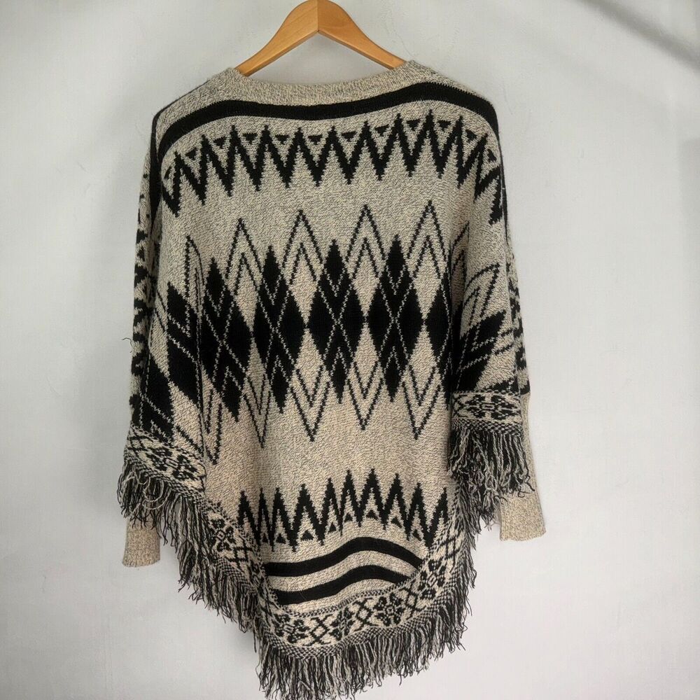 Color Swatch Sz S/M Black and Beige Geometric Print Poncho Sweater