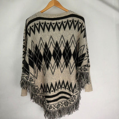 Color Swatch Sz S/M Black and Beige Geometric Print Poncho Sweater