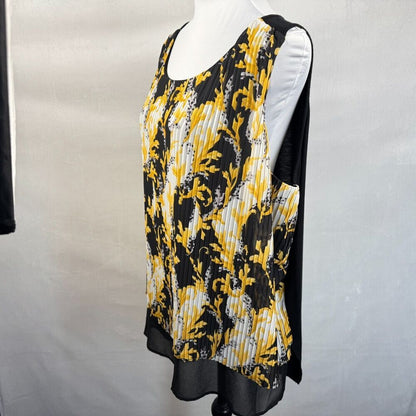 DG2 Diane Gilman Top Sz 1X Black Yellow Print Front Pleated Layered Sleeveless