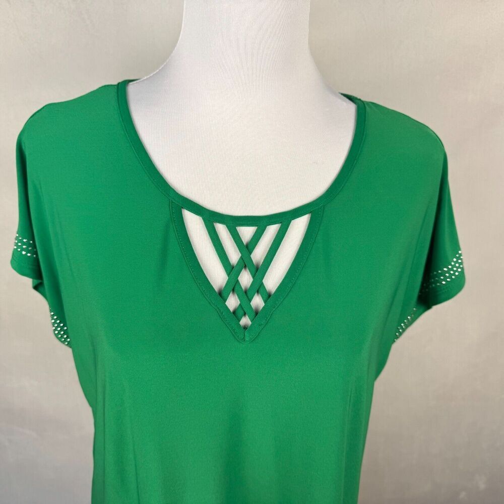 Diana Belle Women Sz L Emerald Green Cap Sleeve Embellished Scoop Cut Off Neck
