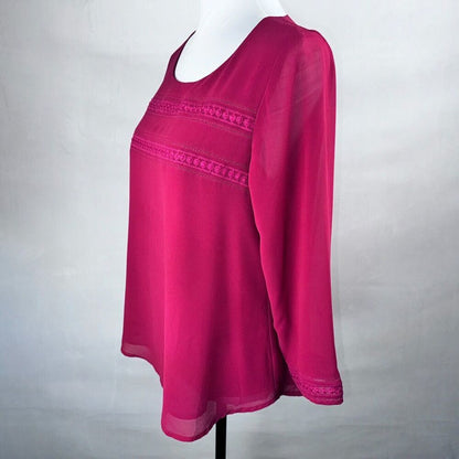 Naked Zebra Blouse Sz M Round Neck Keyhole Back Embroidered 3/4 sheer sleeves