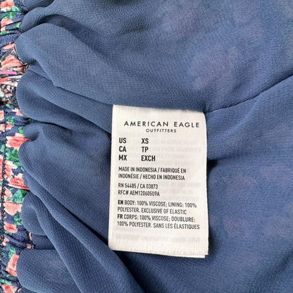 American Eagle Mini Skirt Sz XS Lined Flare shirred waistline blue pink flowers