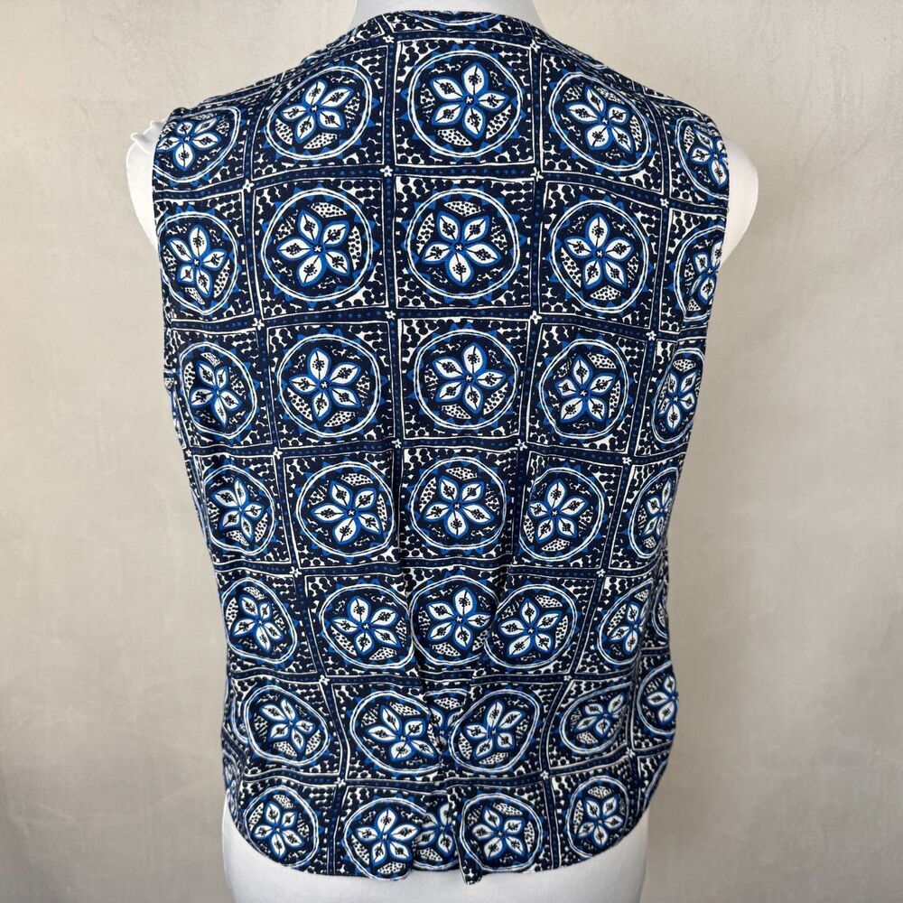 Sigrid Olsen Women Crop Top Sz S Black Blue Button Down VNeck Sleeveless