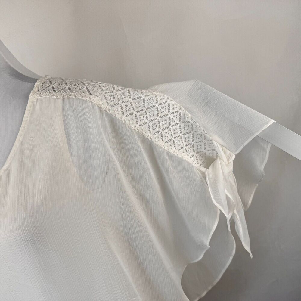 Alyx Ladies Sz S Overlay Sheer Blouse Paper White Batwing Lace Detail Tie Sleeve