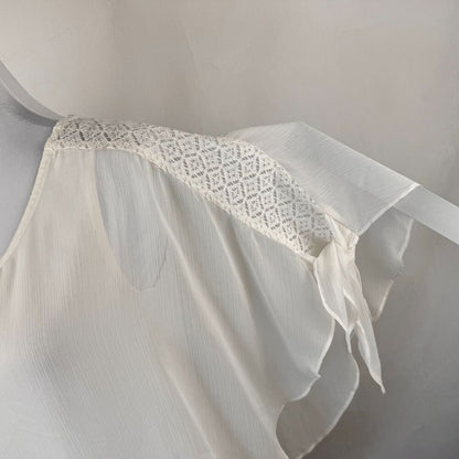 Alyx Ladies Sz S Overlay Sheer Blouse Paper White Batwing Lace Detail Tie Sleeve