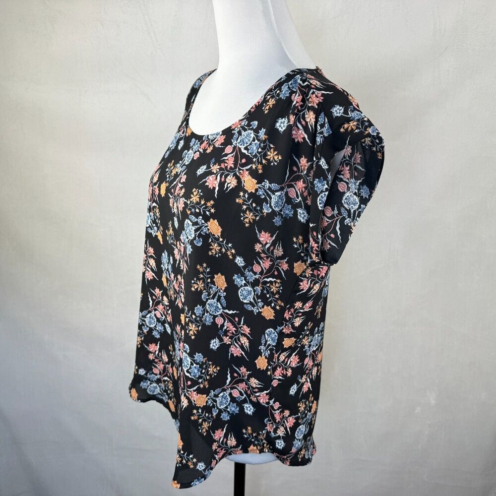 Pink Rose Women Blouse Sz M Sheer Black Floral Print Cap Sleeve Lightweight