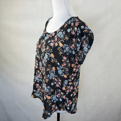 Pink Rose Women Blouse Sz M Sheer Black Floral Print Cap Sleeve Lightweight