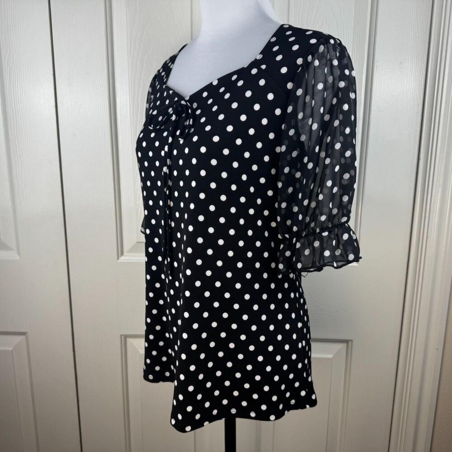 Adele & May Women Blouse Sz S Polka Dot Sweetheart Neck Sheer Balloon Sleeve