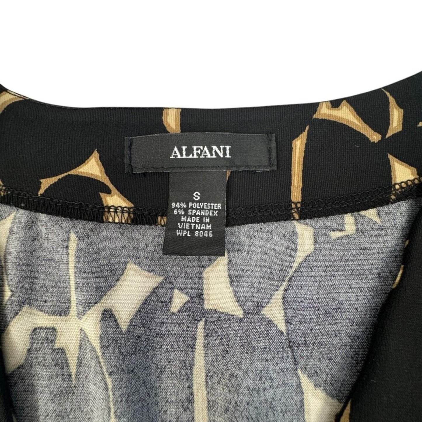 Alfani Faux Wrap Stretch Top S Black Tan Abstract Print Metal Link Ruched back