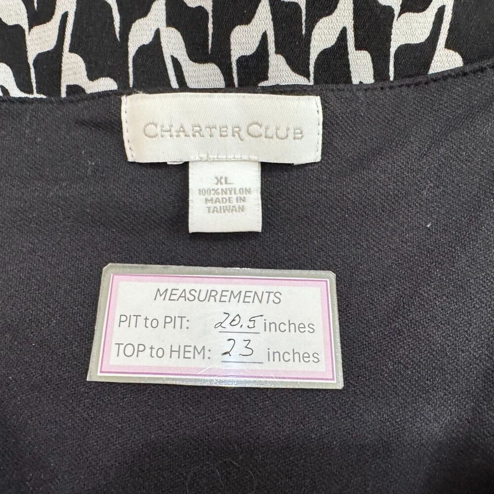 Charter Club Top Sz  XL Black Silver Print Faux Wrap Mesh Long Sleeve Black Trim