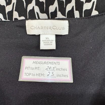 Charter Club Top Sz  XL Black Silver Print Faux Wrap Mesh Long Sleeve Black Trim