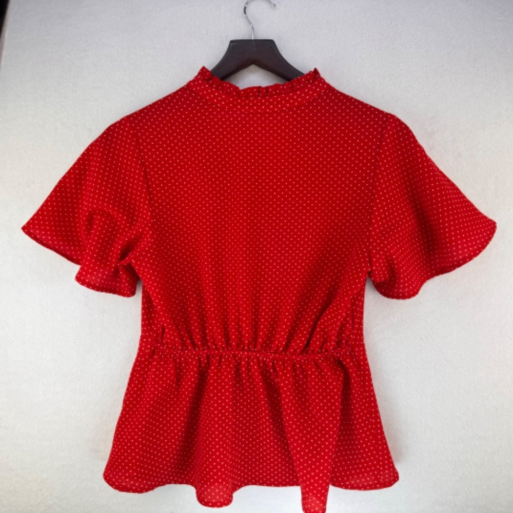 Monteau Women Blouse Sz M Red and white polka dots faux wrap