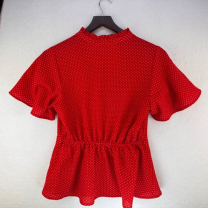 Monteau Women Blouse Sz M Red and white polka dots faux wrap