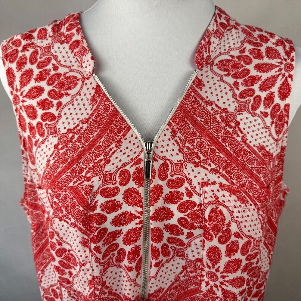 Soho NYC Jeans Women Sz L Sheer Red Paisley Tank Top Pockets Front Zipper Accent