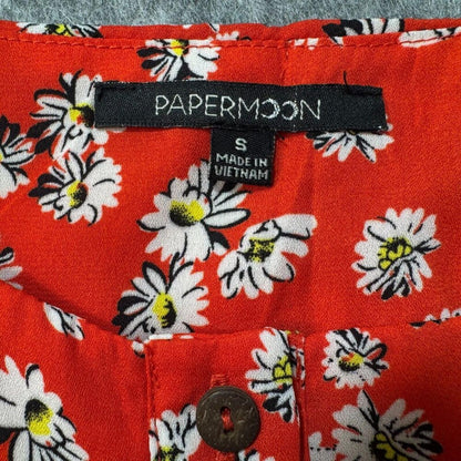 Papermoon Women Top Sz S Red Flower Print Buttons Round Neck Straps Front Tie