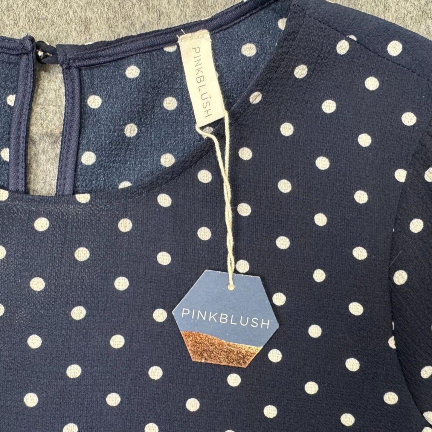 PinkBlush NWT Top Women Sz S Navy Polka Dot Crew Neck Long Slit Sleeve Bow Cuff