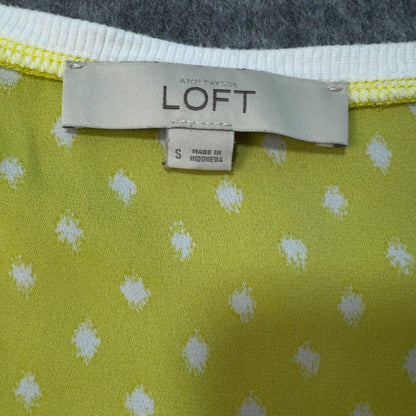 LOFT Women Sheer Top Sz S Yellow and White Polka Dots Sleeveless Knit Trim