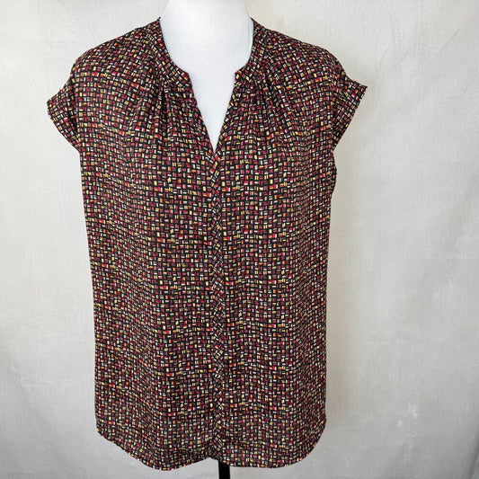 Pleione Women Sz S Black Multicolor Print High-Low Split-Neck Cuffed Cap Sleeve
