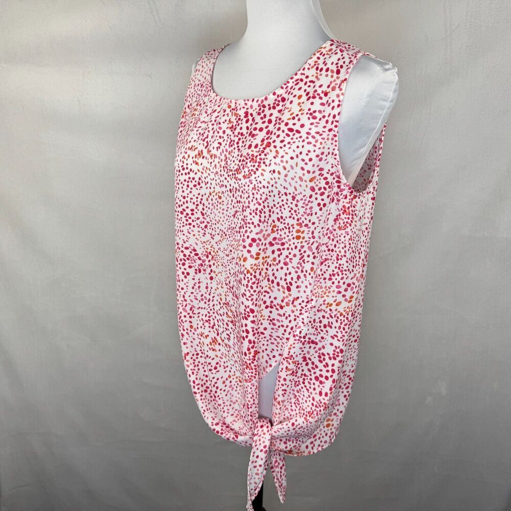 Rachel Zoe Women Sz M Top Round Neck White Red Orange Dots Abstract Sleeveless