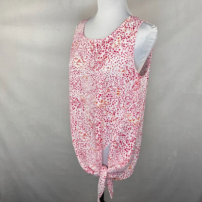 Rachel Zoe Women Sz M Top Round Neck White Red Orange Dots Abstract Sleeveless