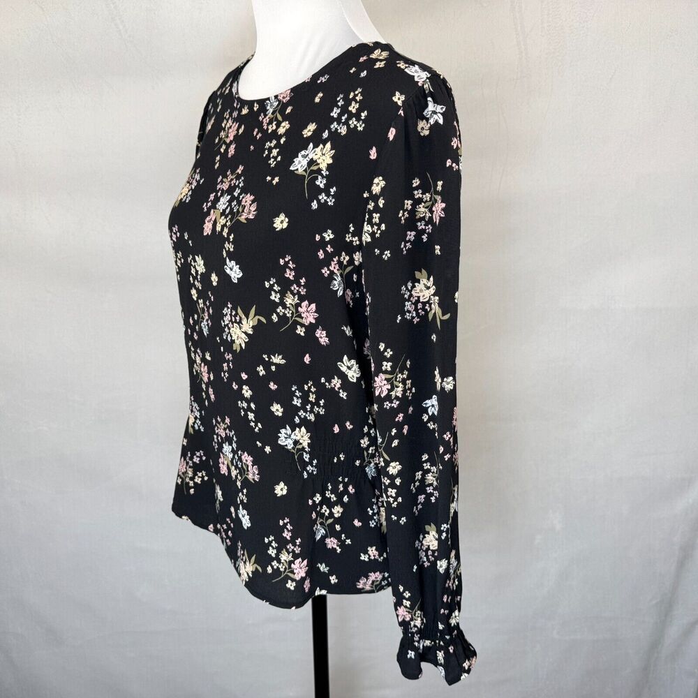 Elodie Women Top Sz L Black Floral Round Neck Keyhole Ruched Sides Ruffle Sleeve
