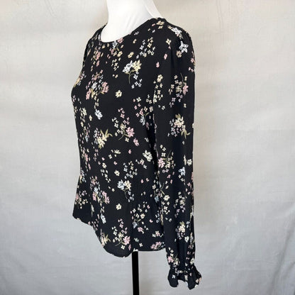 Elodie Women Top Sz L Black Floral Round Neck Keyhole Ruched Sides Ruffle Sleeve