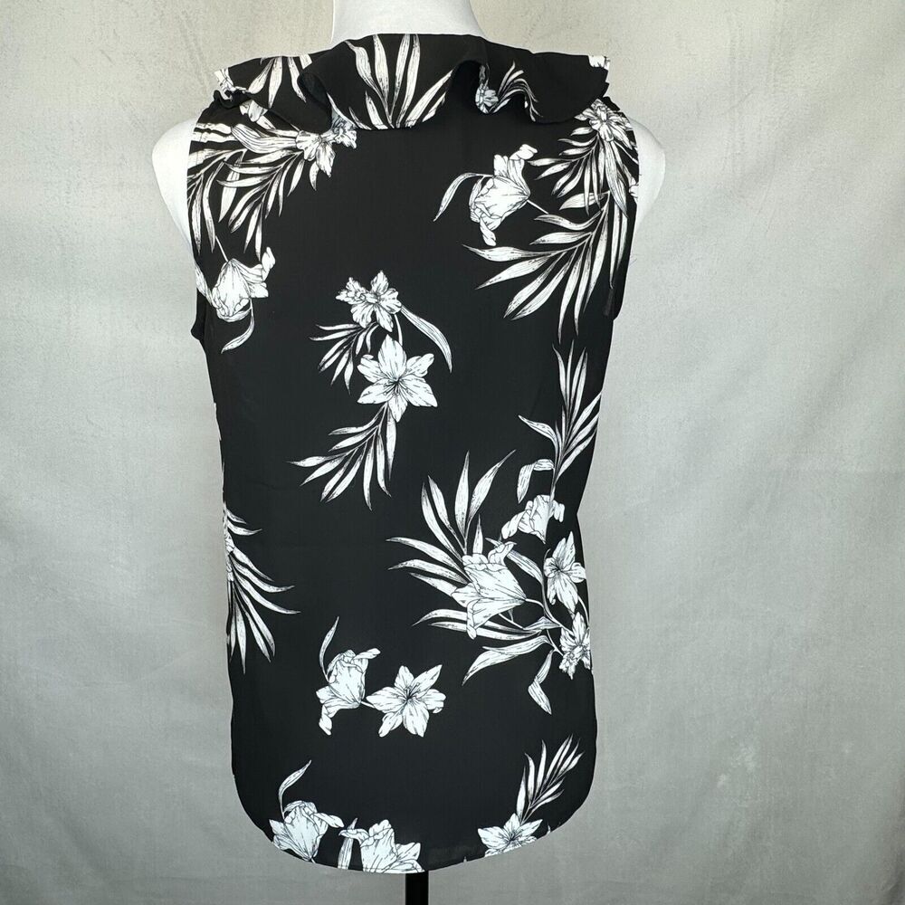 Premise Ladies Top Sz XS/TP  Ruffle VNeck Tie Sleeveless Black Floral White
