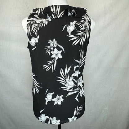 Premise Ladies Top Sz XS/TP  Ruffle VNeck Tie Sleeveless Black Floral White