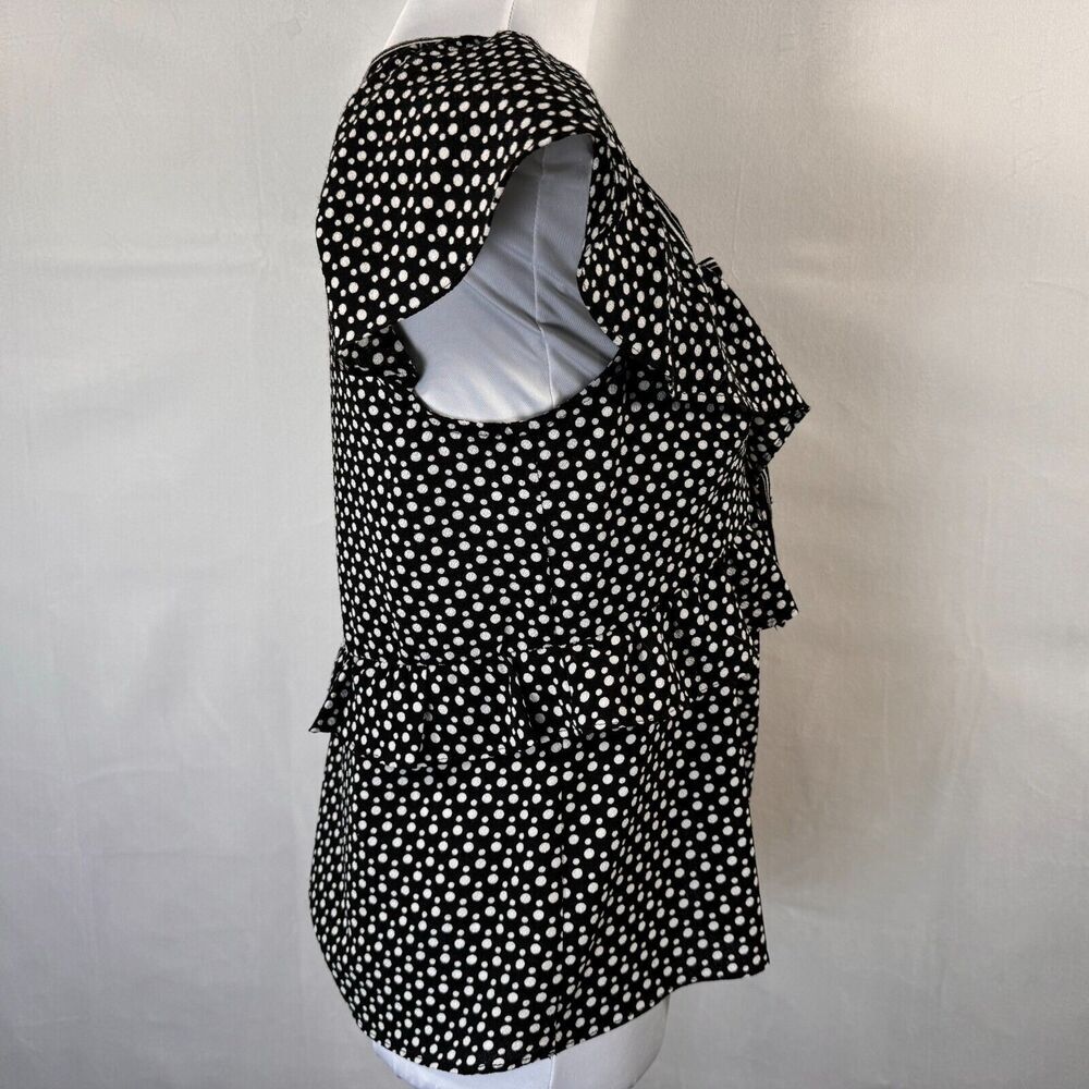 Max Studio Ladies Blouse Sz M Ruffle Polka Dot Bow Tie Flutter Round Neck