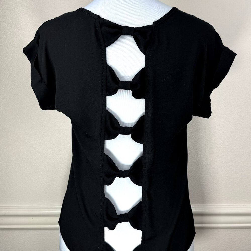 Rue21 Blouse Women Sz Small Black Sheer Cap Sleeve Back Cutout with 6 Bows