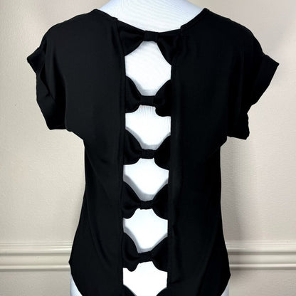 Rue21 Blouse Women Sz Small Black Sheer Cap Sleeve Back Cutout with 6 Bows