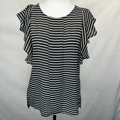 A black and white horizontally striped blouse with ruffled cap sleeves, displayed on a white mannequin torso against a light gray fabric backdrop.