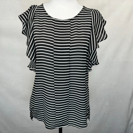 A black and white horizontally striped blouse with ruffled cap sleeves, displayed on a white mannequin torso against a light gray fabric backdrop.