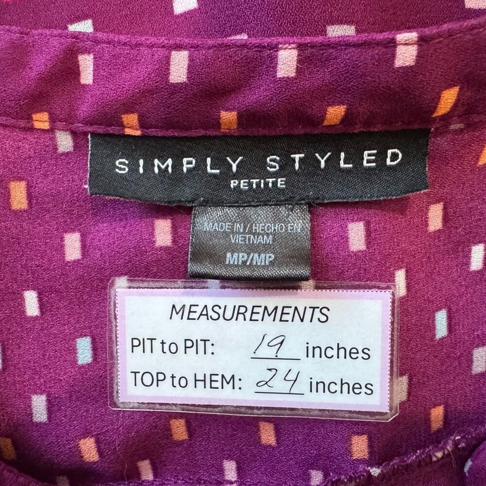 Simply Styled Petite Women Sz MP Red Printed Button Up Pleated Blouse Cap Sleeve