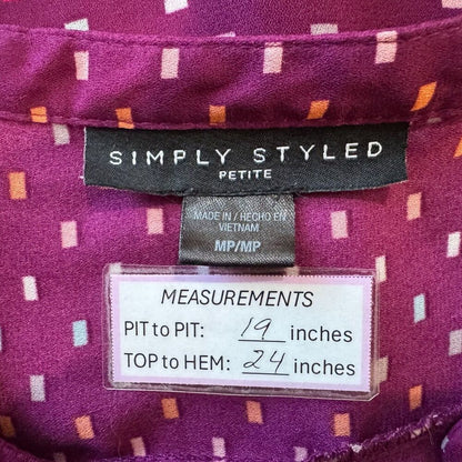 Simply Styled Petite Women Sz MP Red Printed Button Up Pleated Blouse Cap Sleeve