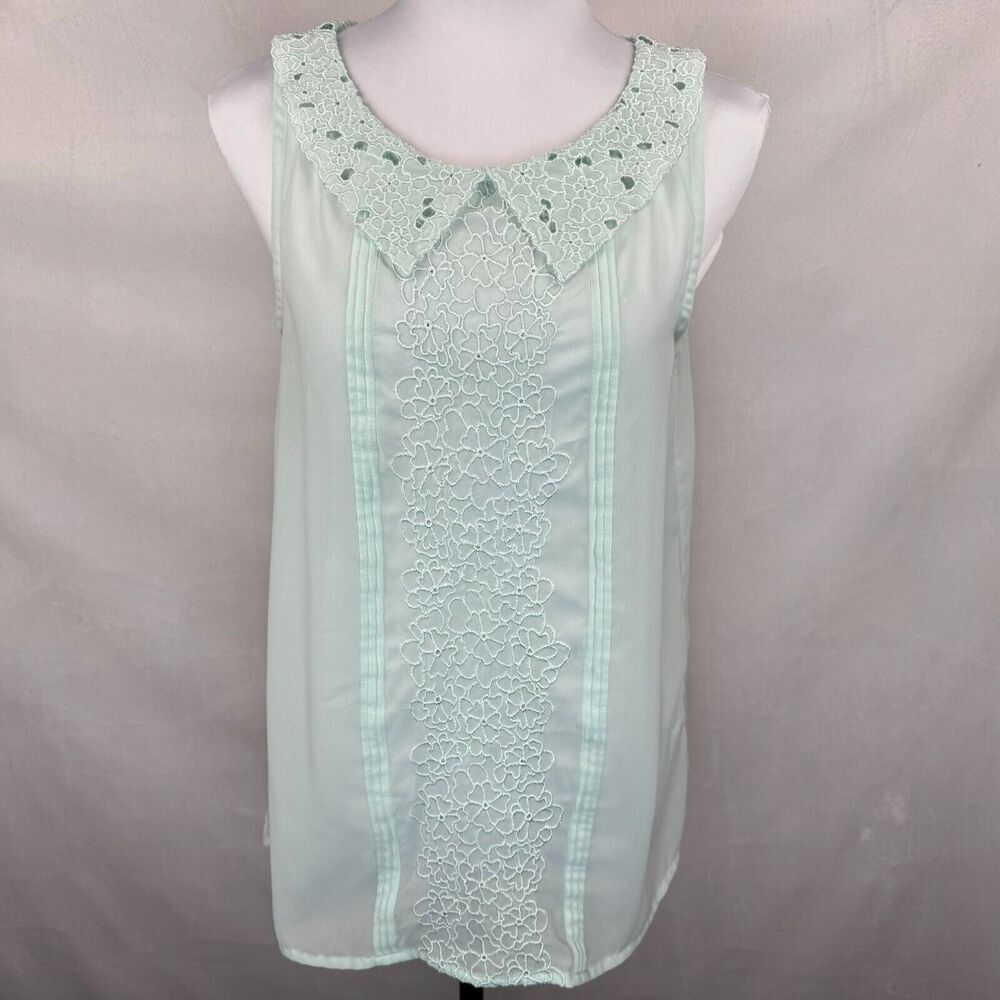 LC Lauren Conrad Sheer Blouse Sz S Embroidered Pleated Green Collared Sleeveless