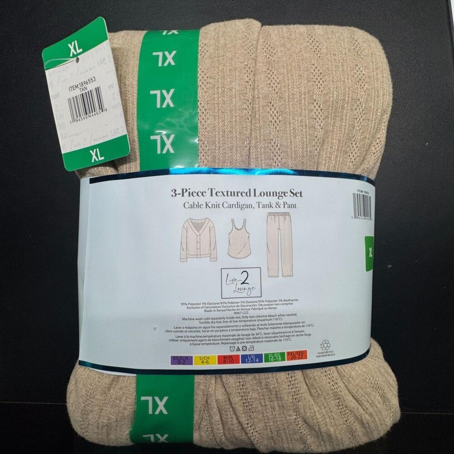 Live 2 Lounge Women Size XL Tan Textured Cable Knit 3-Piece Set NWT