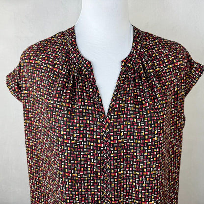 Pleione Women Sz S Black Multicolor Print High-Low Split-Neck Cuffed Cap Sleeve