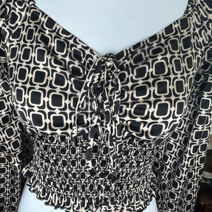 Almost Famous Crop Top Sz XS Satin Black Taupe Sweetheart Neck Long Sleeve