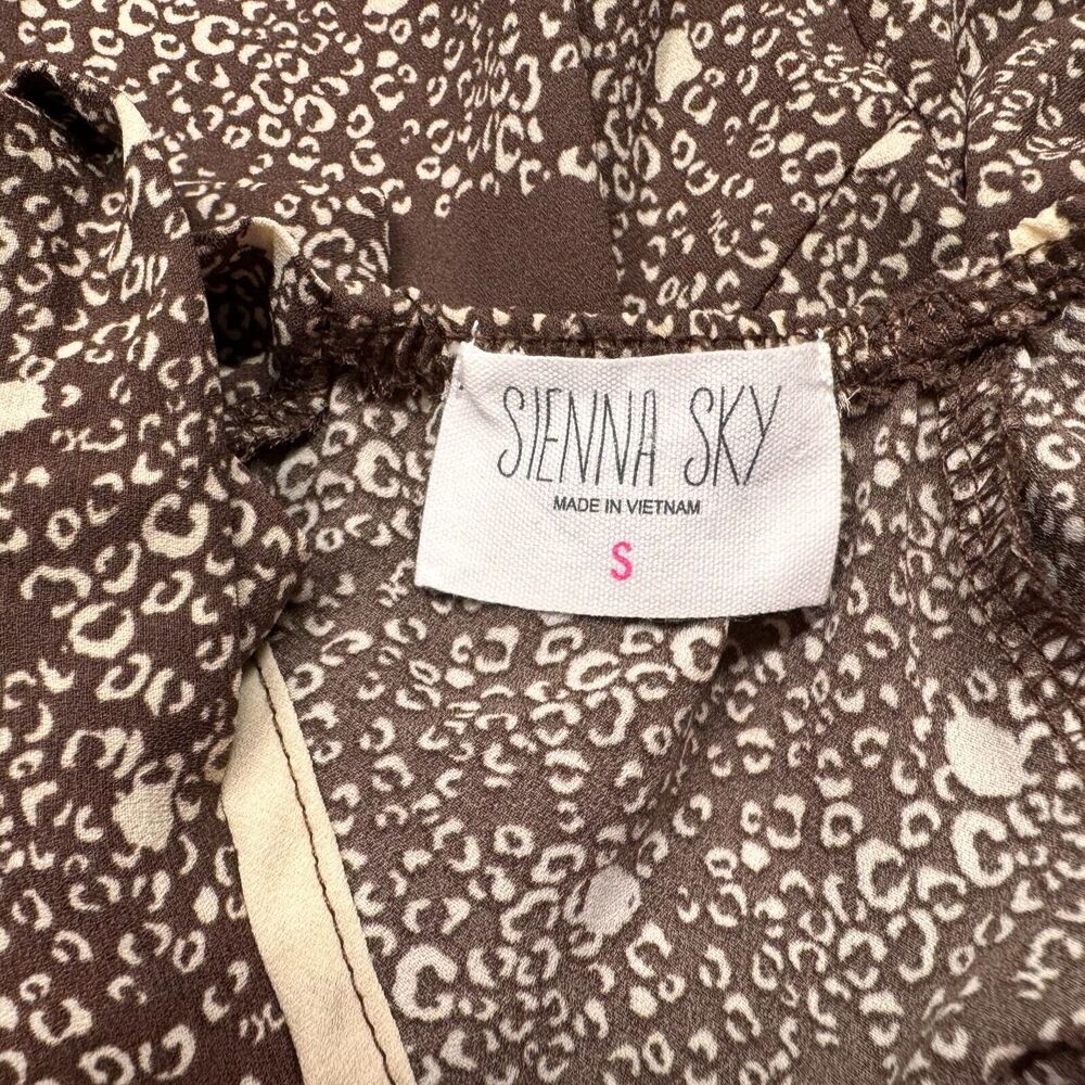 Sienna Sky Cropped Top Sz S Brown Cream Floral Ruffle Short Sleeve Elastic waist